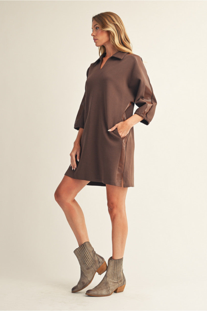 Leather Stripe V Neck Dress - Chocolate