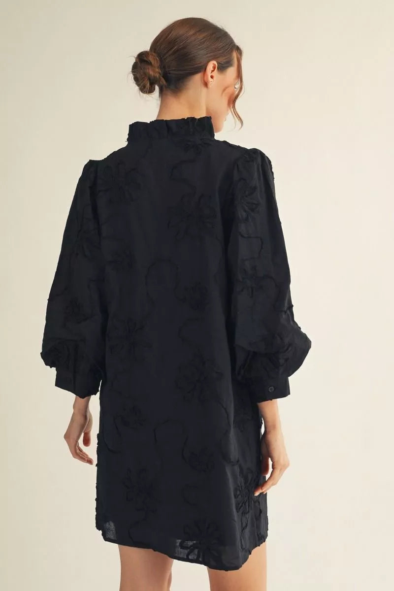 3/4 Sleeve Floral Dress - Black