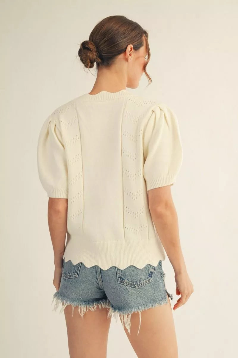 Puff Sleeve Scallop Knit Top