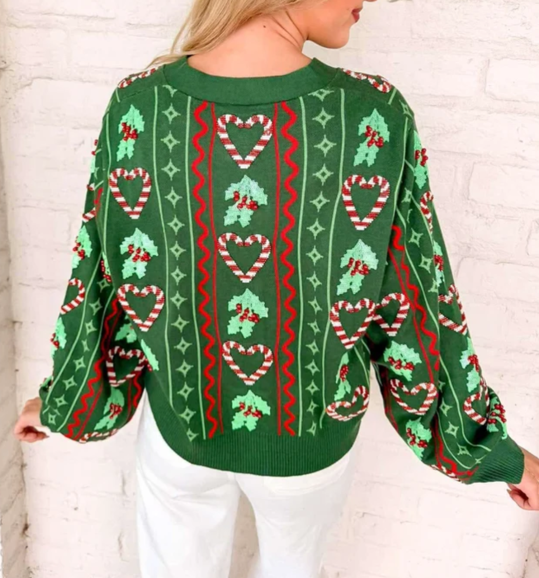 Green 3D Holly & Peppermint Cardigan
