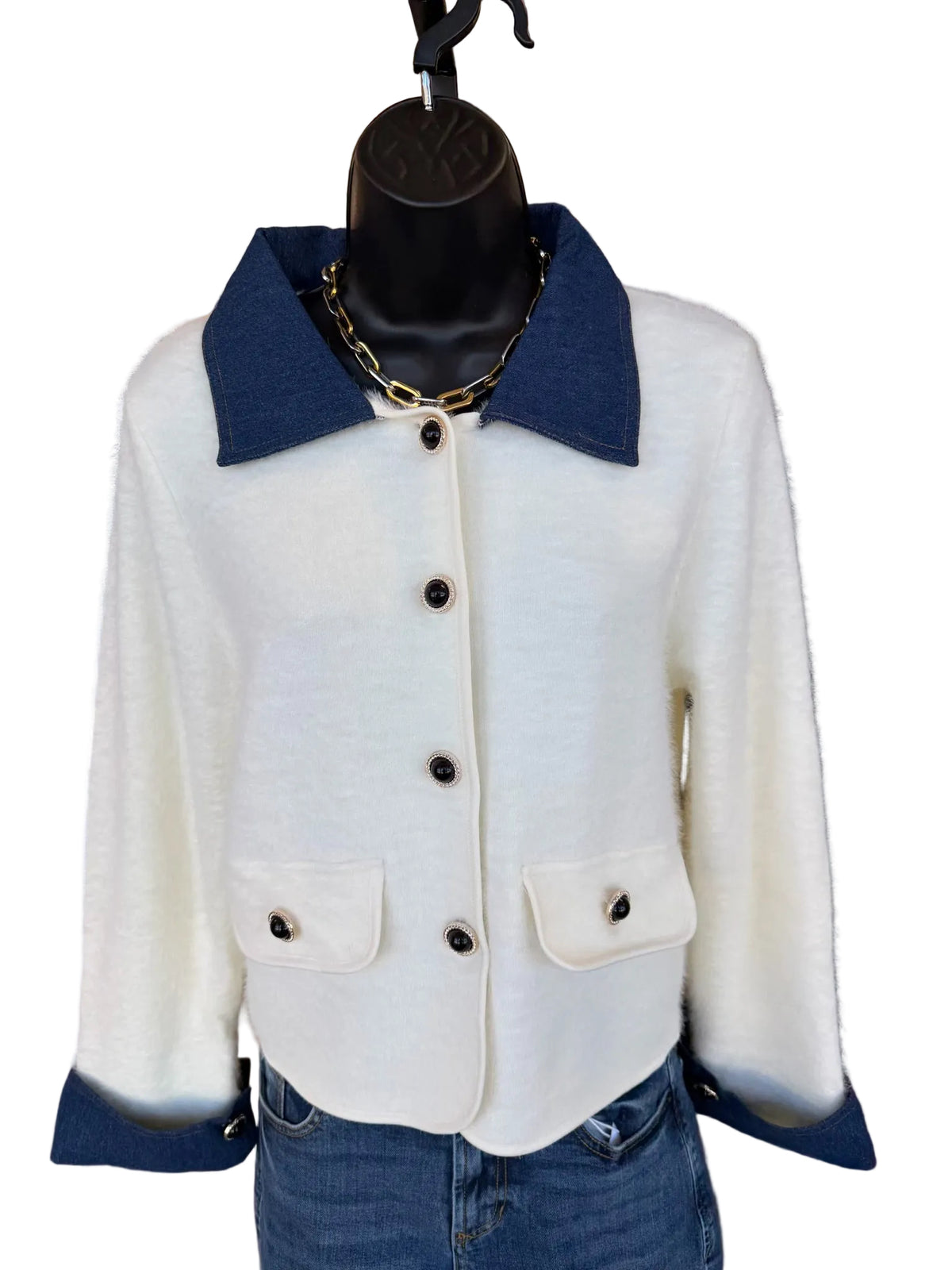 Denim Trim Cream Knit Jacket