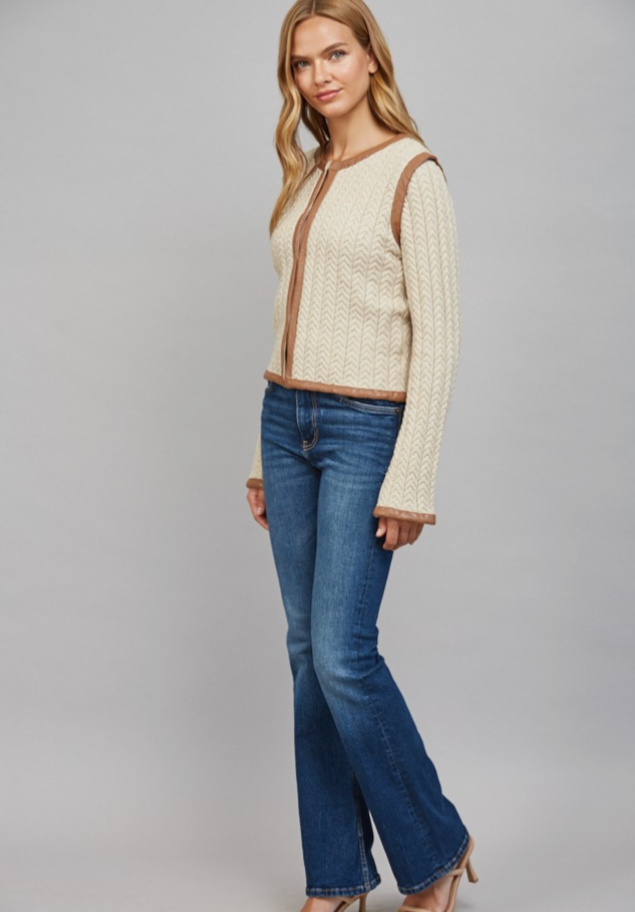 Contrasting Faux Leather Trim Knit Jacket