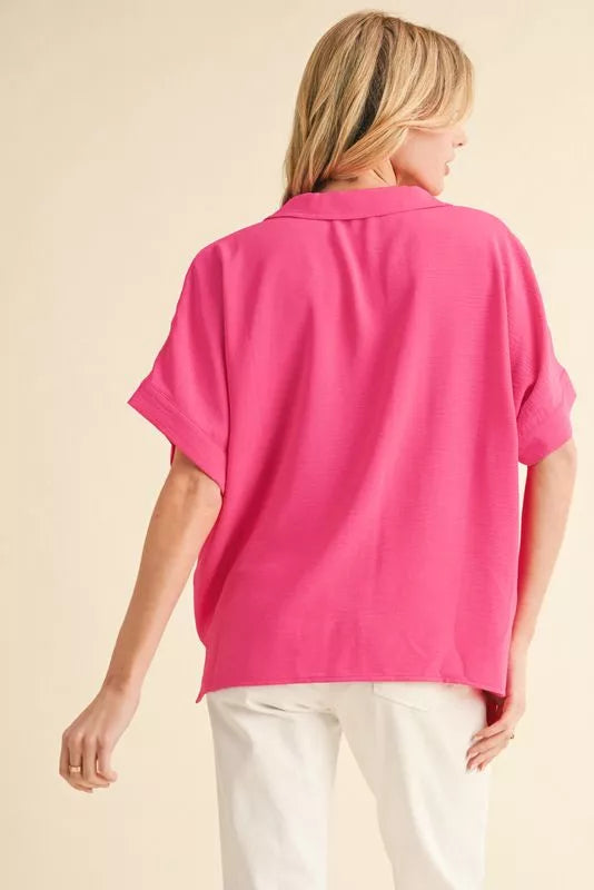 Dolman Sleeve V-Neck Top - Hot Pink