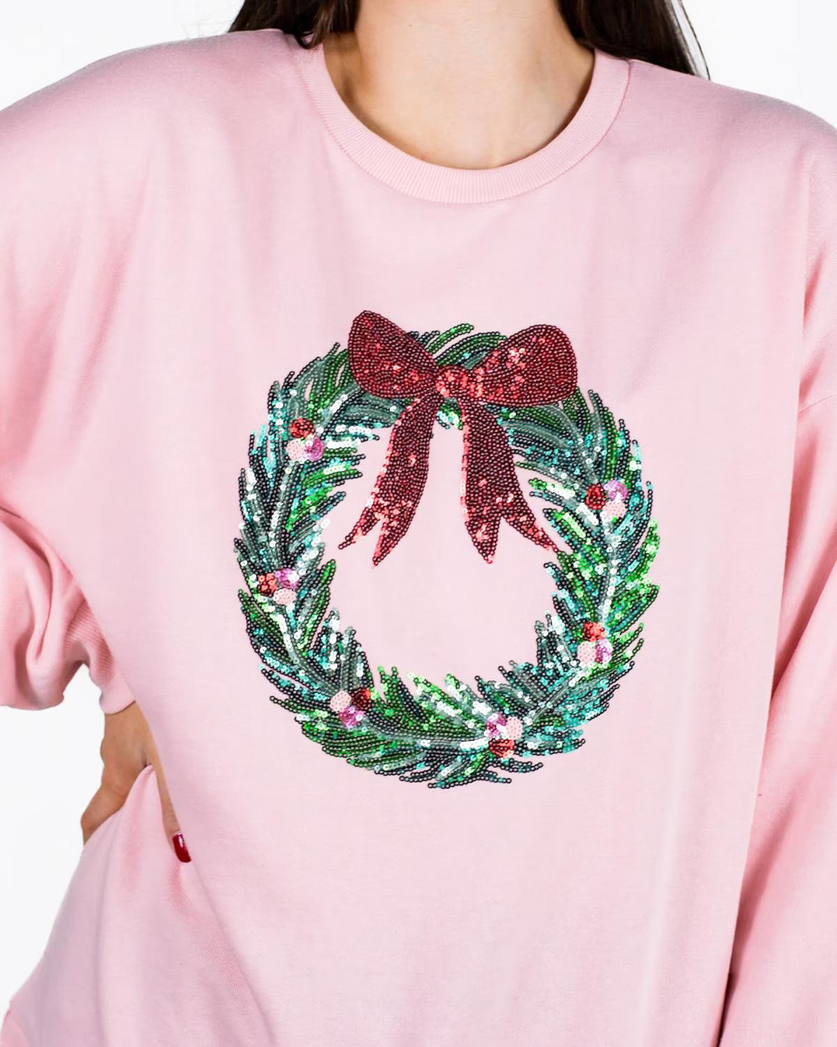 Clara Wreath Sequin Sweatshirt - Light Pink/Red/Green