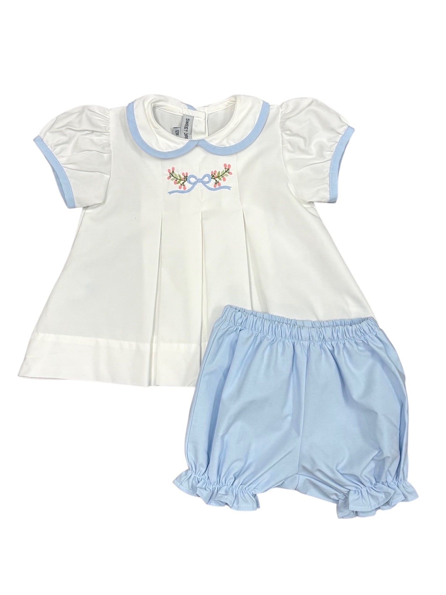 Embroidered Blue Bow/Buds Bloomer Set