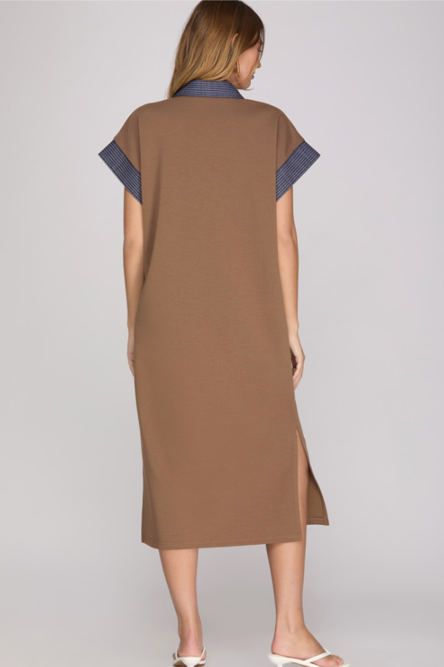 Contrast Collar With Stitch Knit Dress