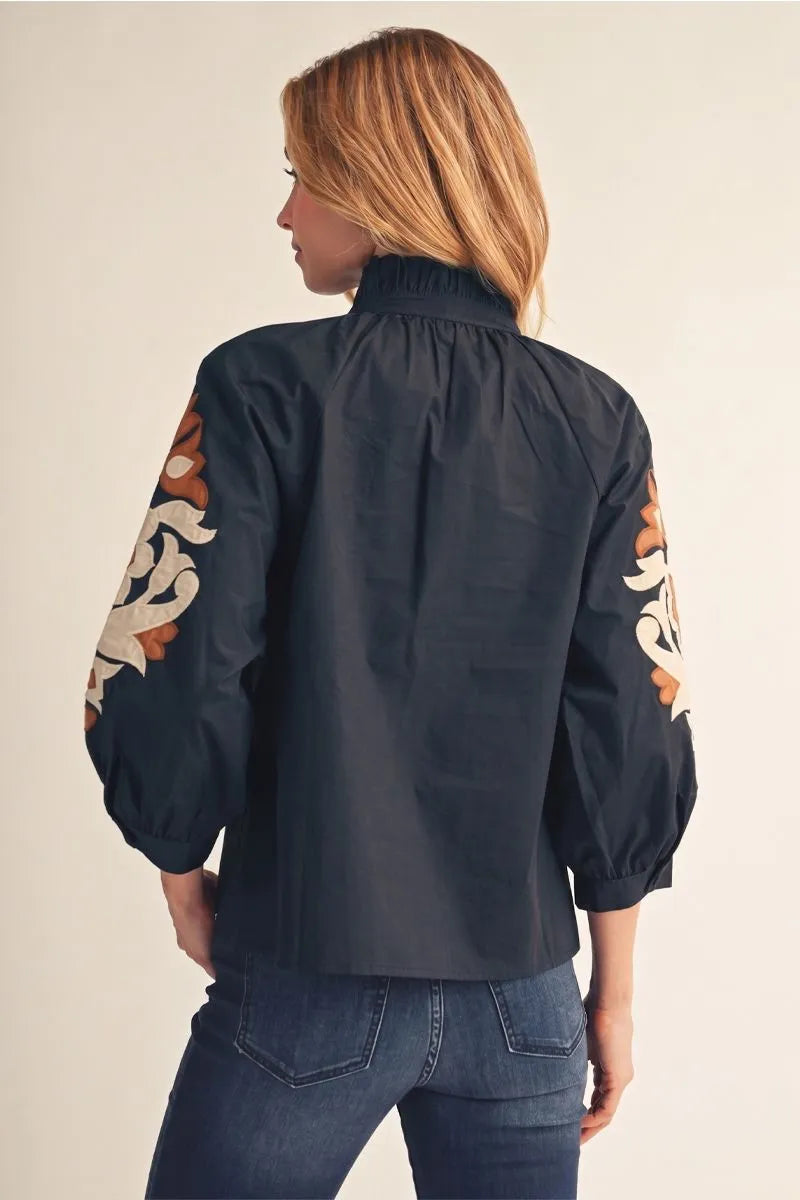 Black 3/4 Sleeve Applique Top