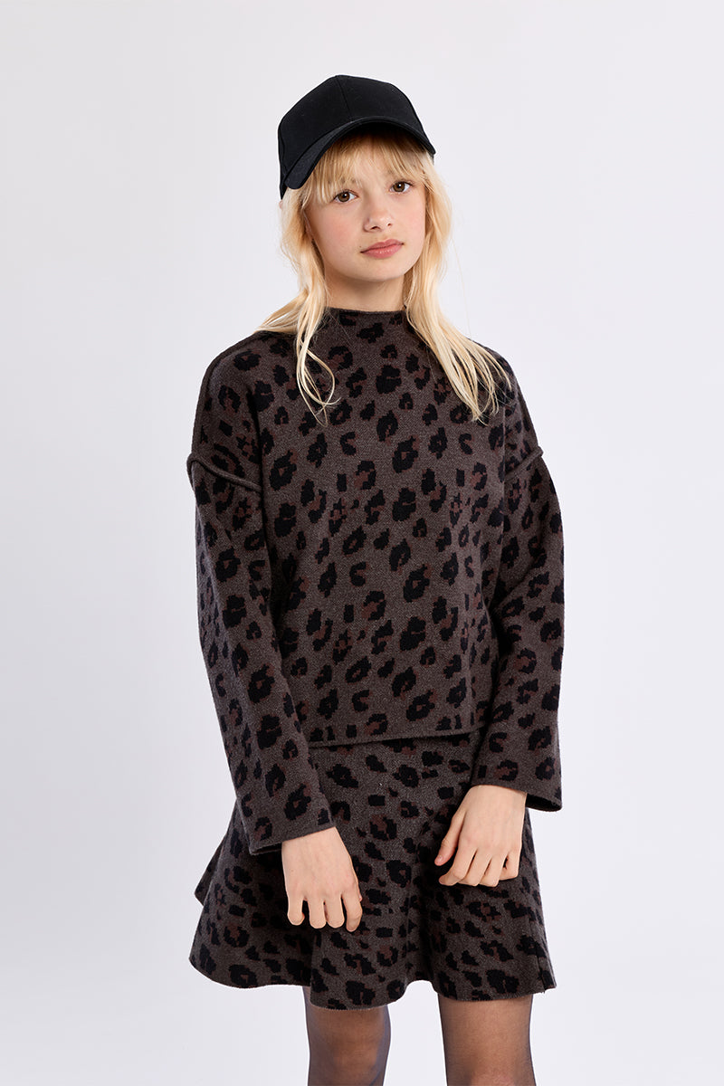 Leopard Print Dark Grey Knitted Sweater