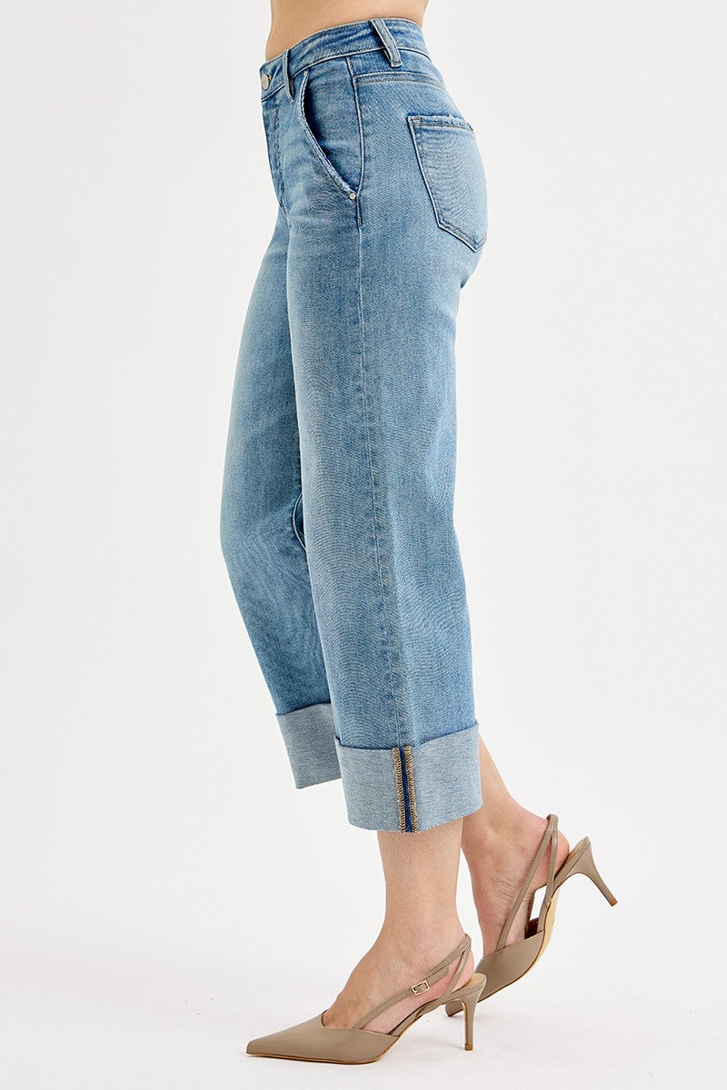 Tummy Control High Rise Ankle Wide Cuffed Jeans - Medium