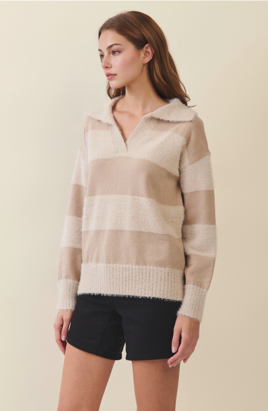 Soft Textured Striped Collar Knit Sweater