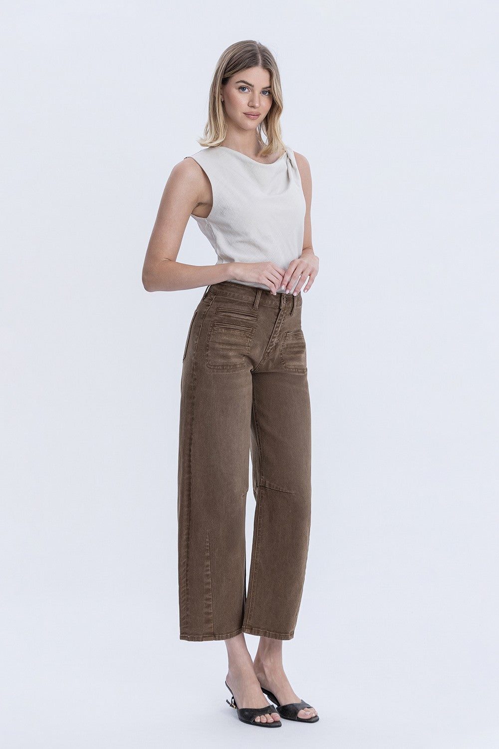 High Rise Barrel Jean In Coffee