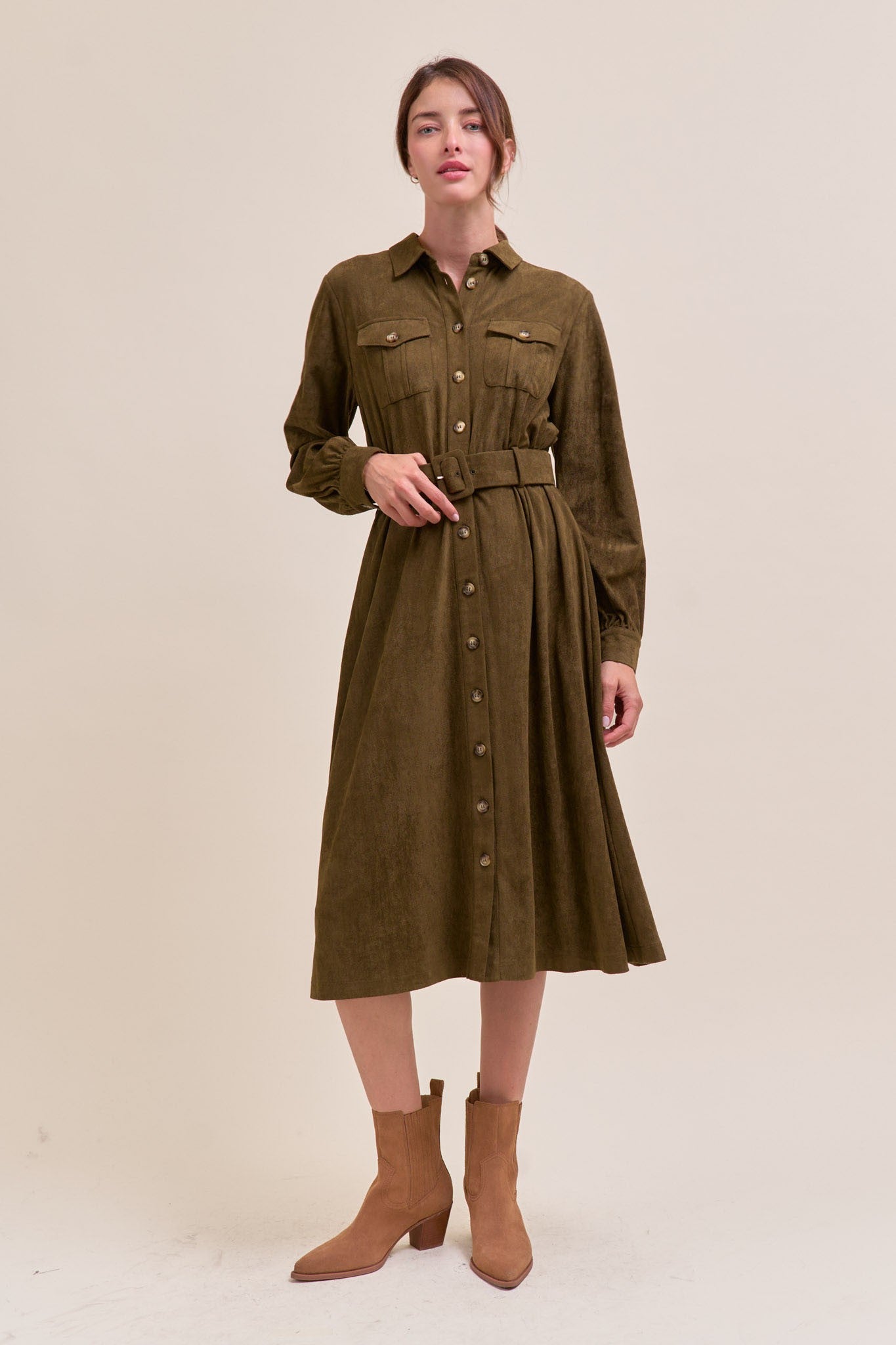 Olive Suede Belted Shirt Dress