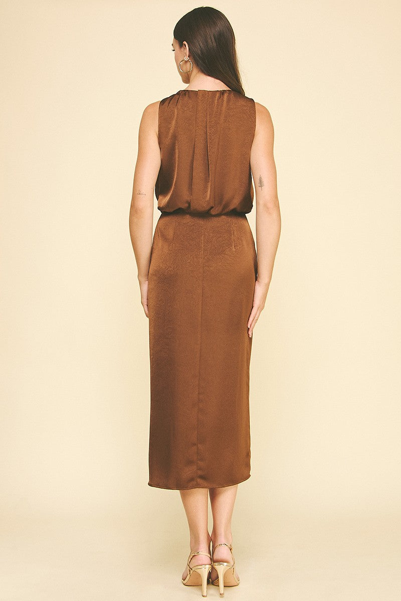 Silky Side Slit Midi Dress - Brown