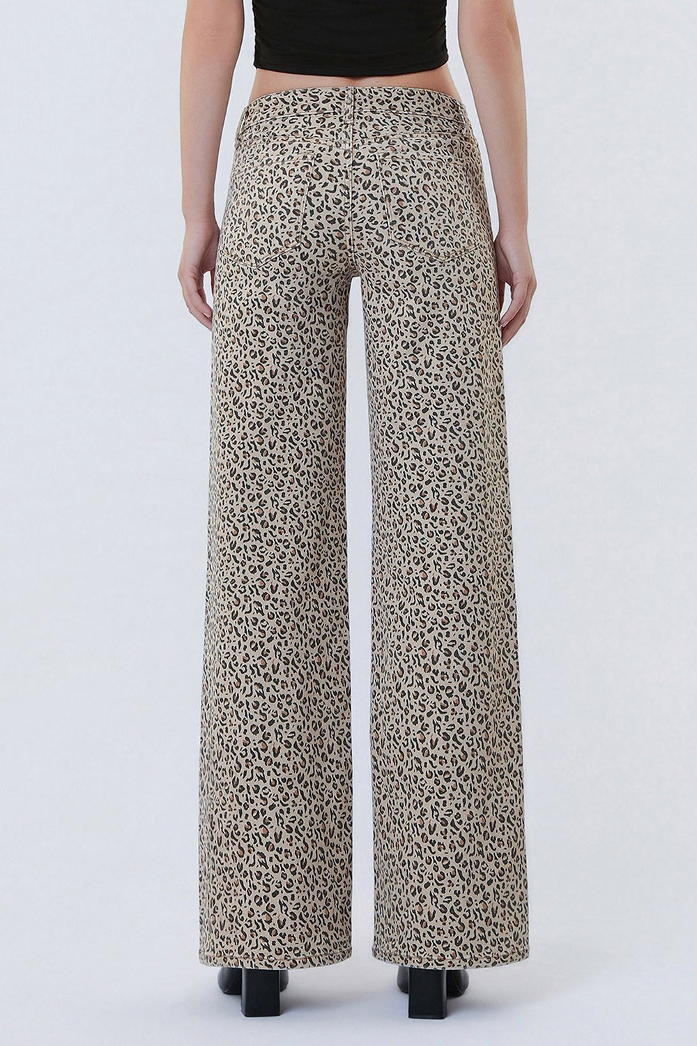 Mid Rise Full Length Leopard Print Wide Leg Jeans