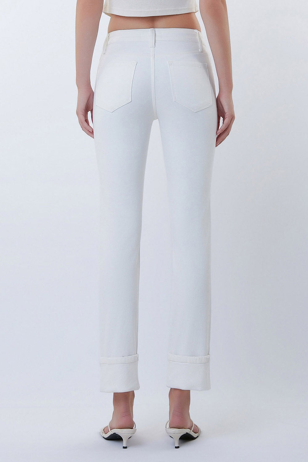 Mid Rise Cuffed Crop Slim Straight Jeans - White