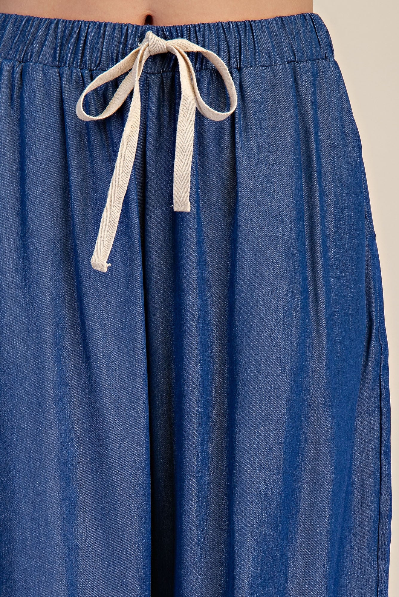 Elastic Band Drawstring Wide Pants - Indigo