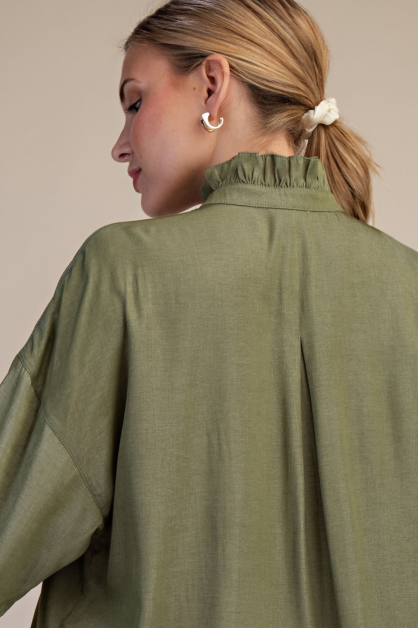 Ruffle V-neck Wide Short Sleeves Shirt - Sage