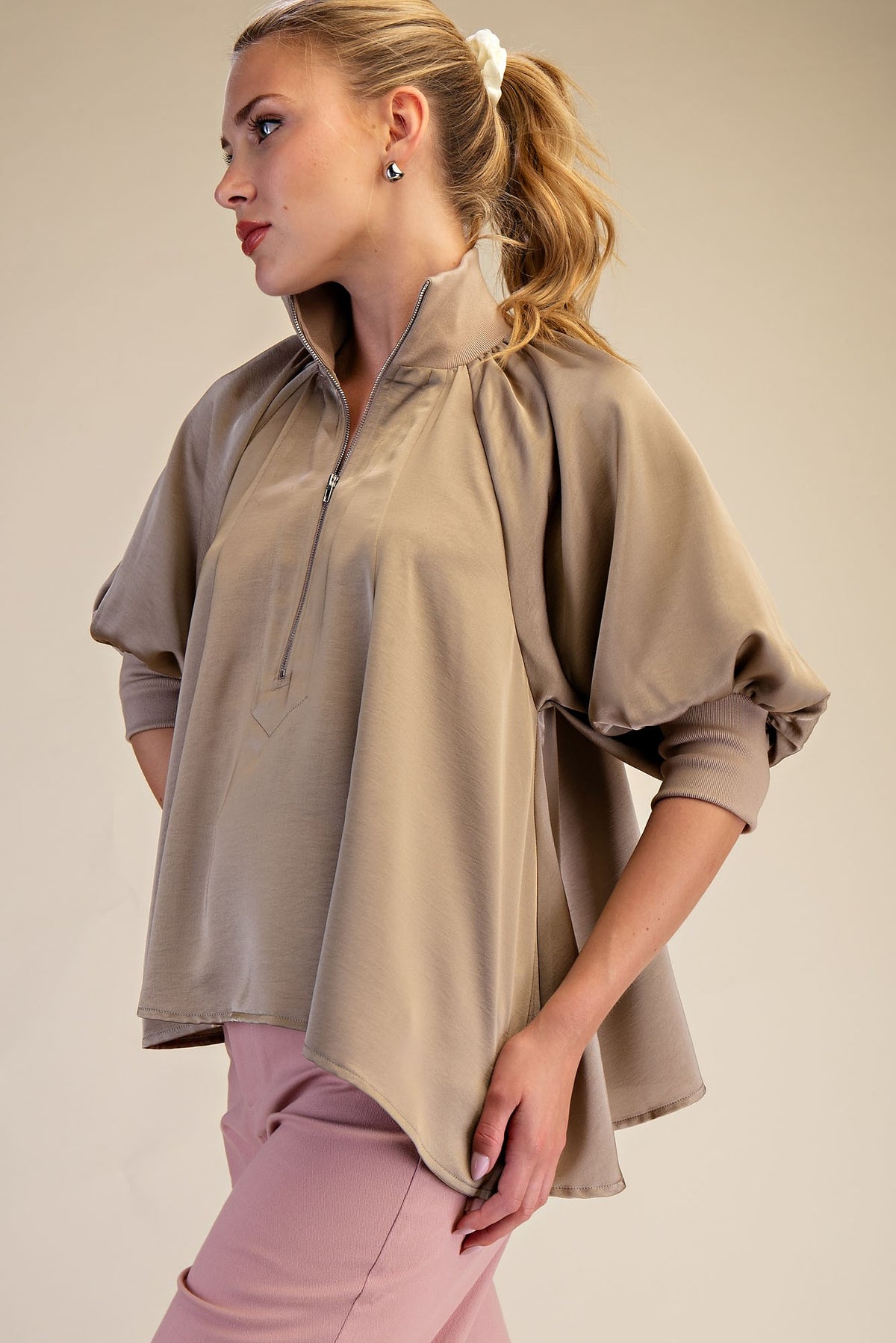 Mock Neck Puff Sleeve Elegance Blouse - Mocha