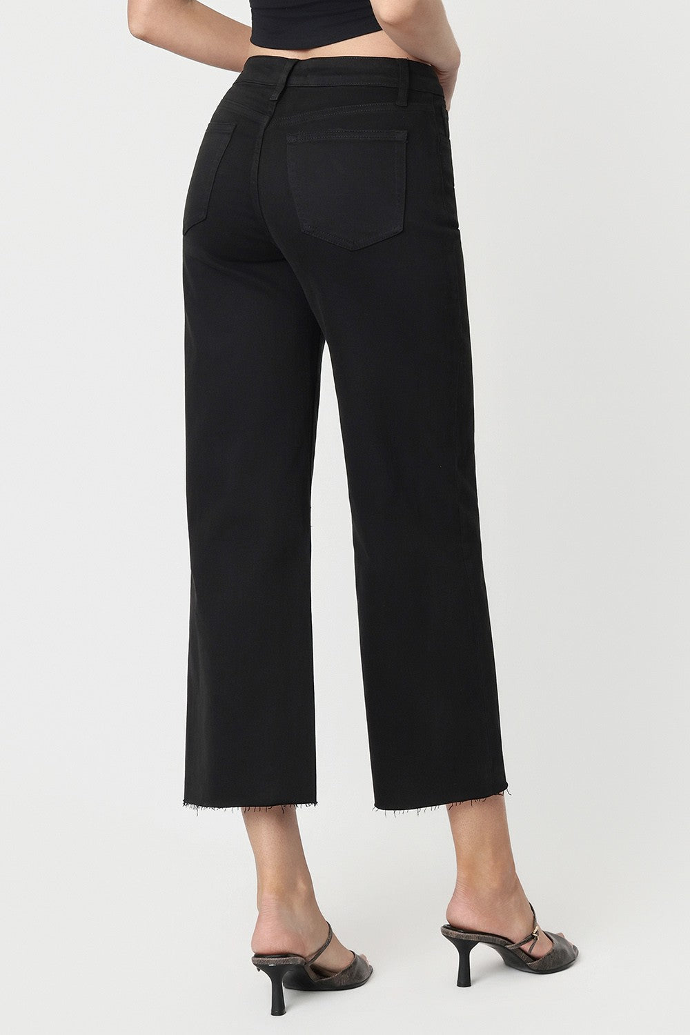 High Rise Black Crop Wide Leg Jeans - Black