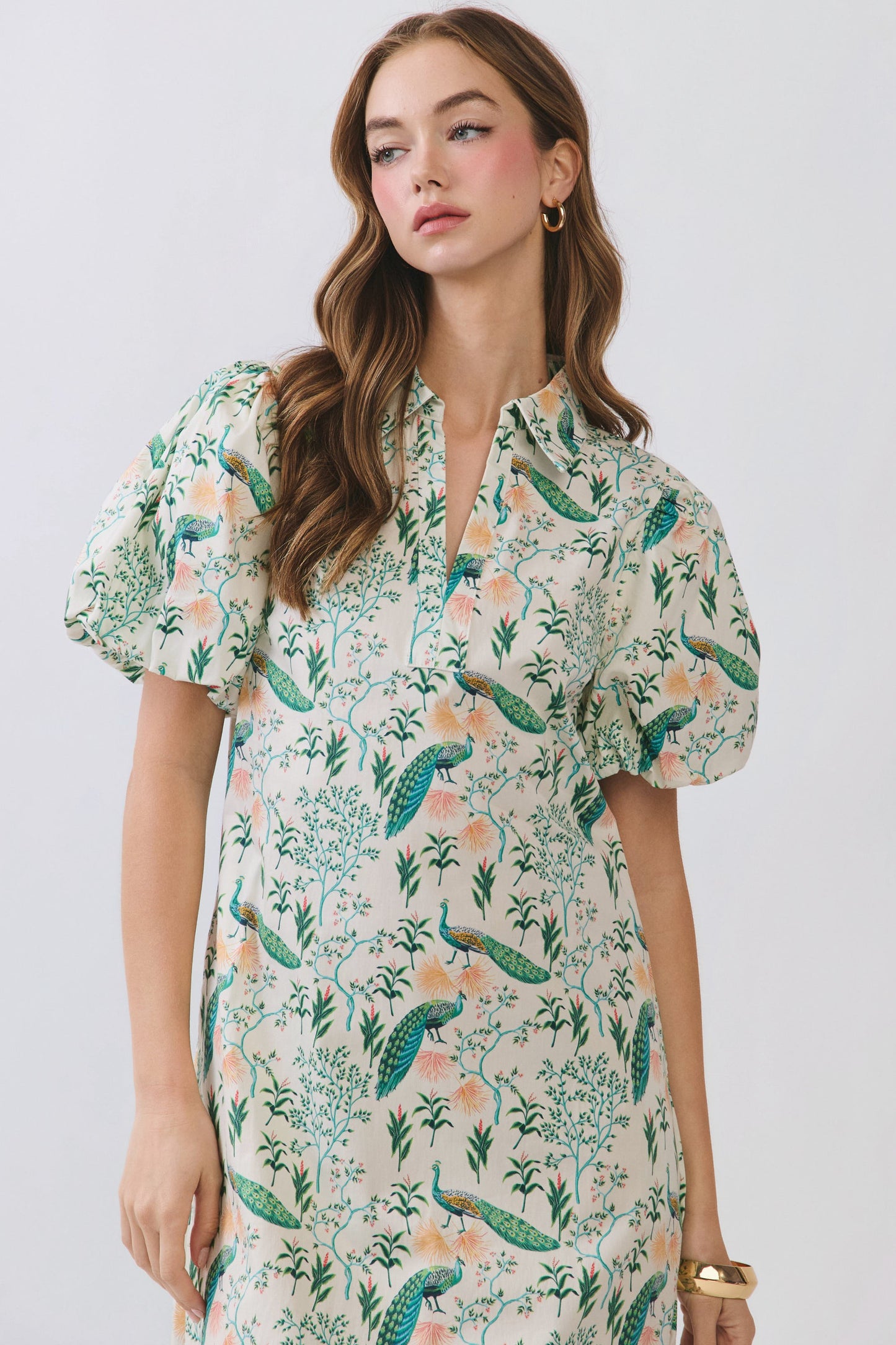Peacock Puff Sleeve Midi Dress