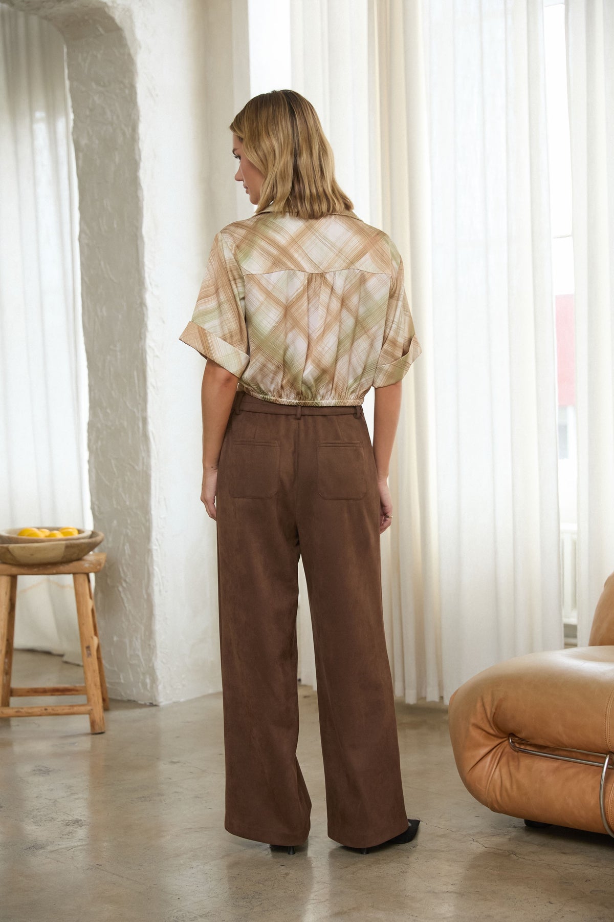 Twist-front Plaid Satin Shirt
