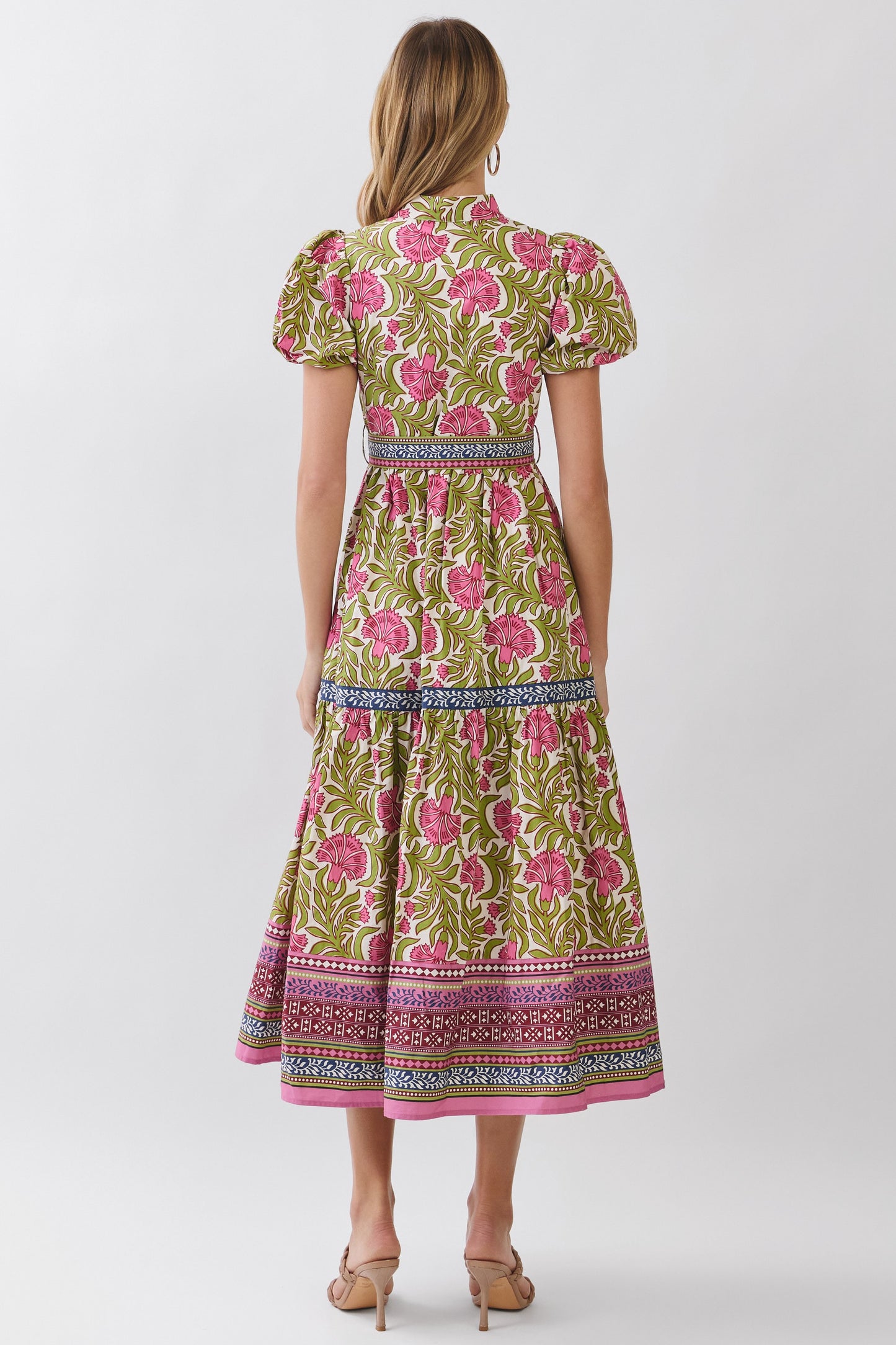 Floral Border Print Tie Waist Maxi Dress - Green Multi