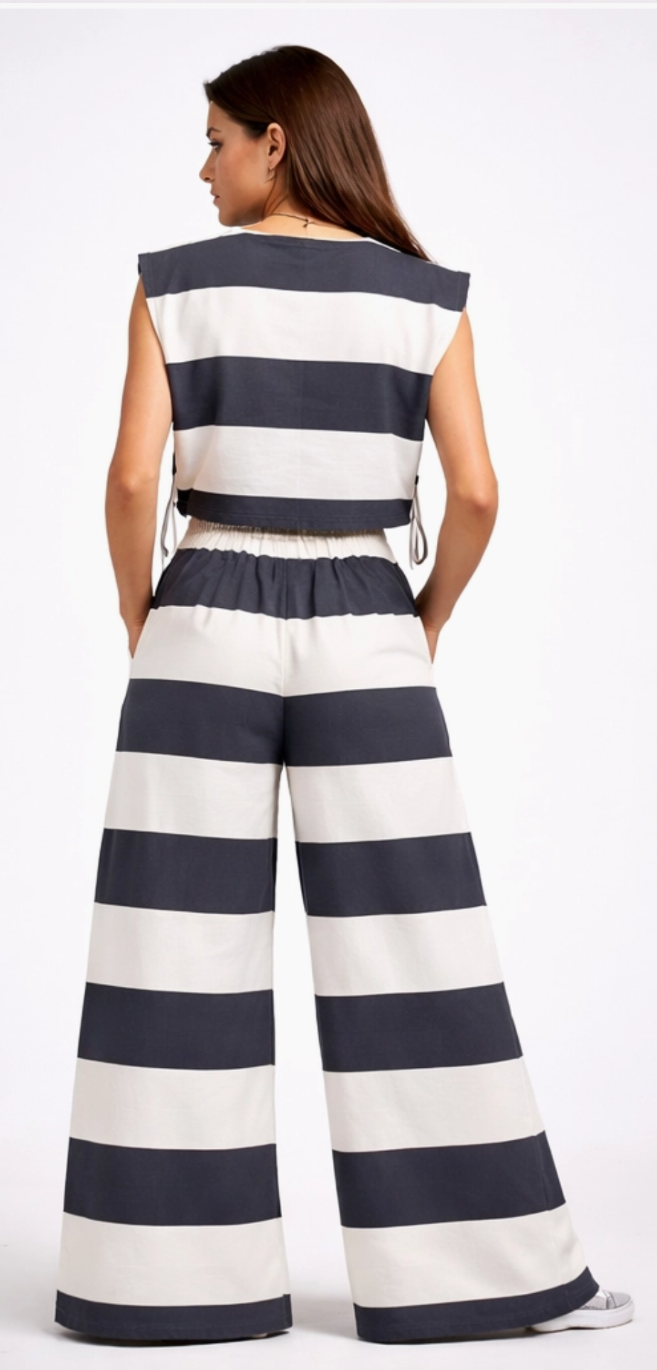 White and Navy Stripe Pants with Elastic Waist
