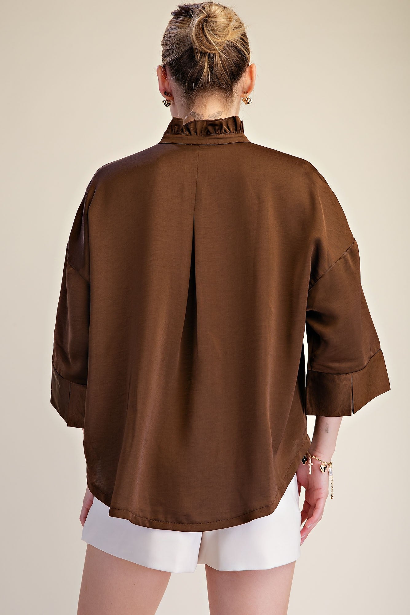 Wide Sleeve V Neck Top - Brown