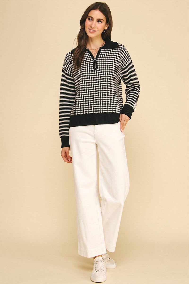 Mixed Pattern Quarter-Zip Knit Sweater