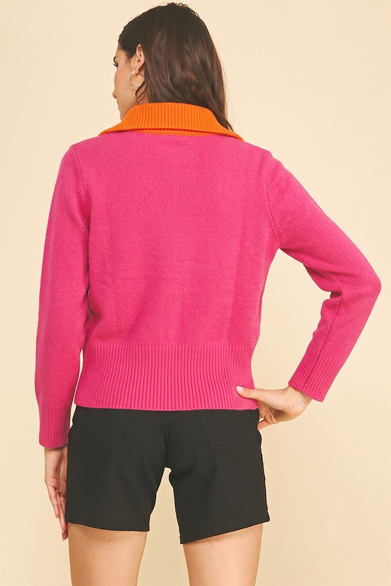 Colorblock Zip Cardigan - Pink/Orange