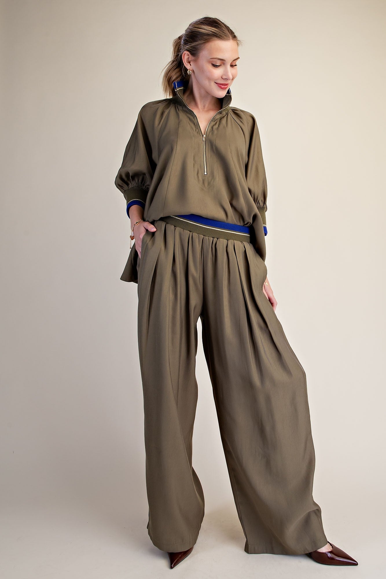 Contrast Rib Band Flowy Pants - Olive