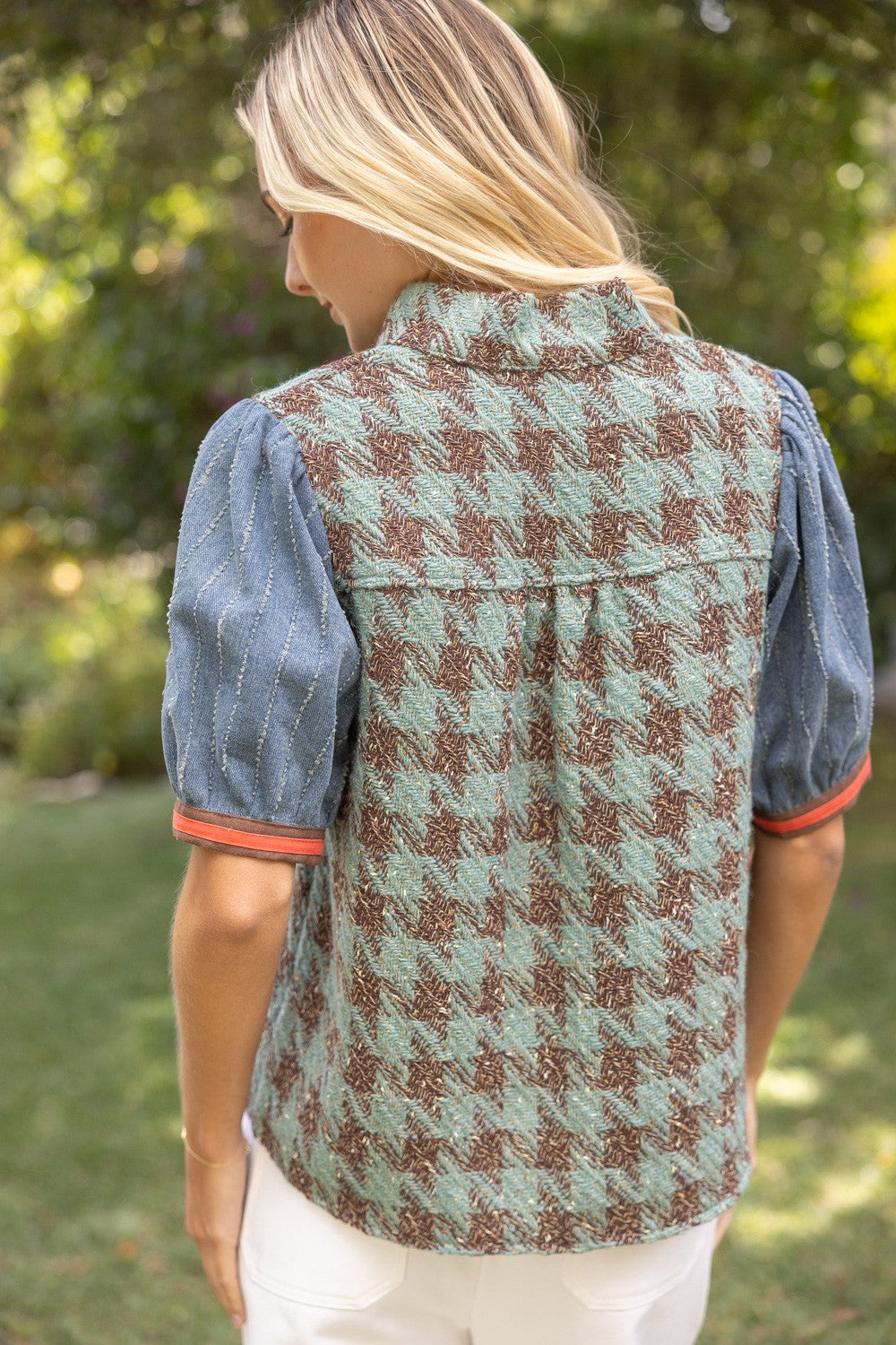 Houndstooth Tweed Top - Sage