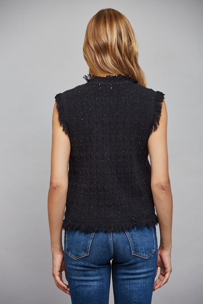 Fringe Trimmed Lurex Mixed Yarn Knit Vest - Black