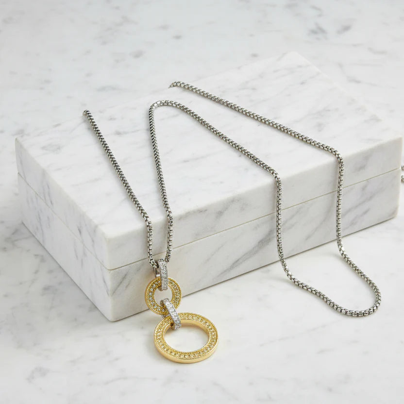 Two Tone Gold Ring CZ Necklace - 36”
