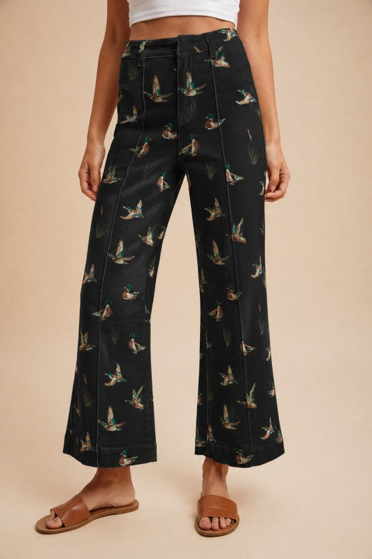 Mallard Print Wide Leg Jean - Black