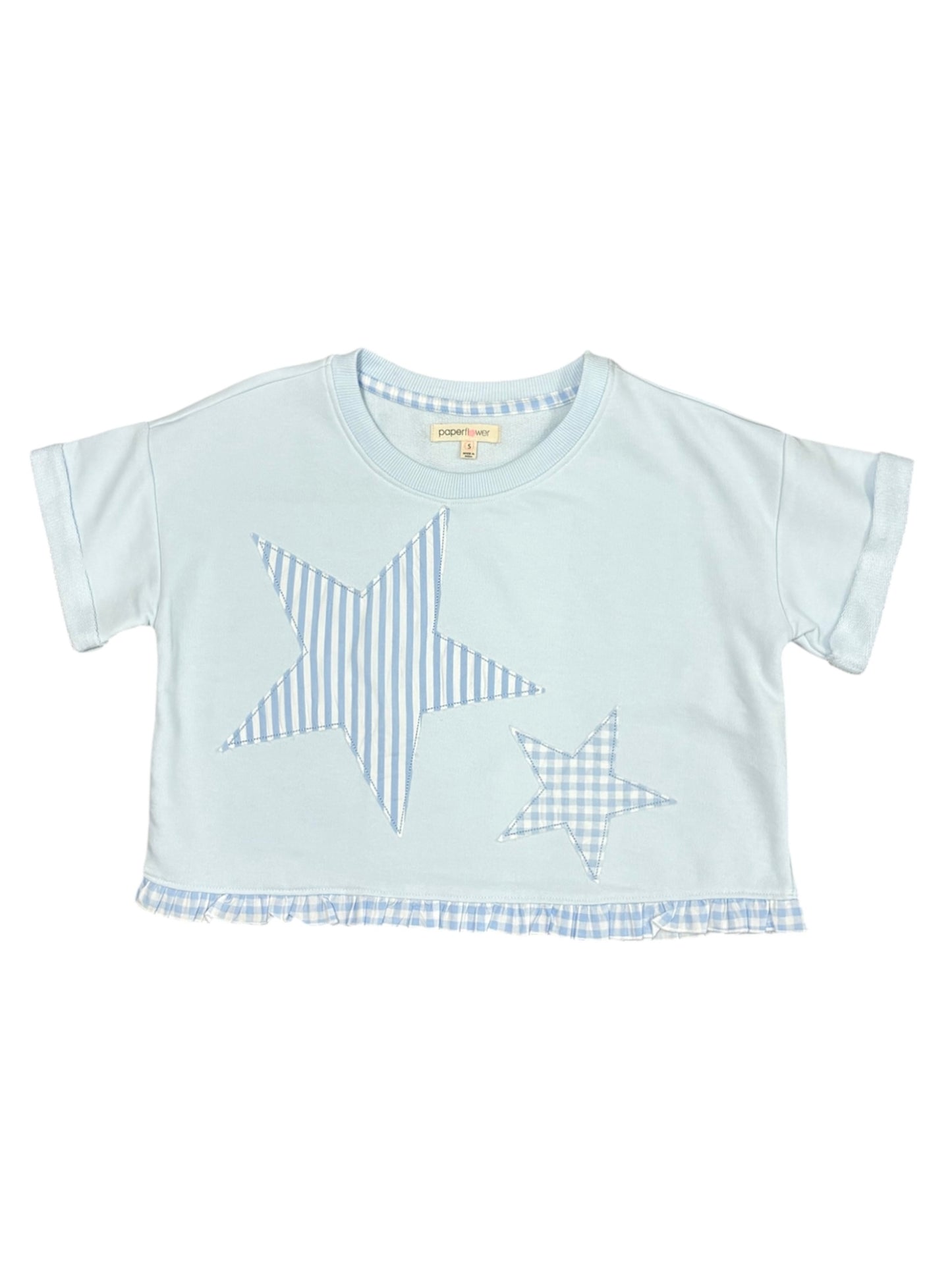 Star Appliqué W Ruffle Hem Top Ice Melt
