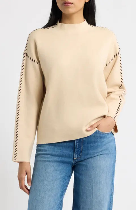 Mock Neck Stitch Detail Sweater - Beige