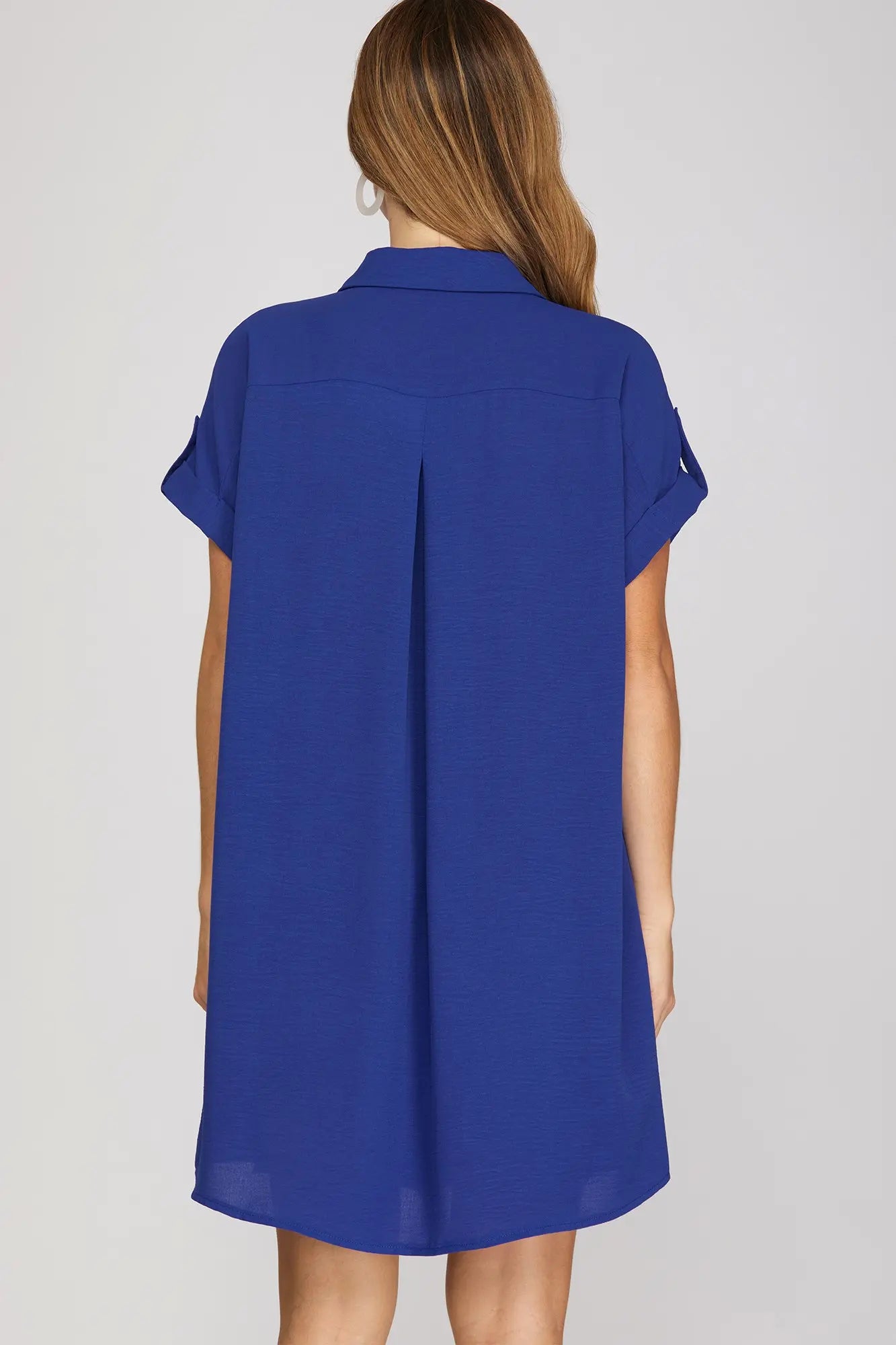 Drop Shoulder Button Up Dress - Royal Blue
