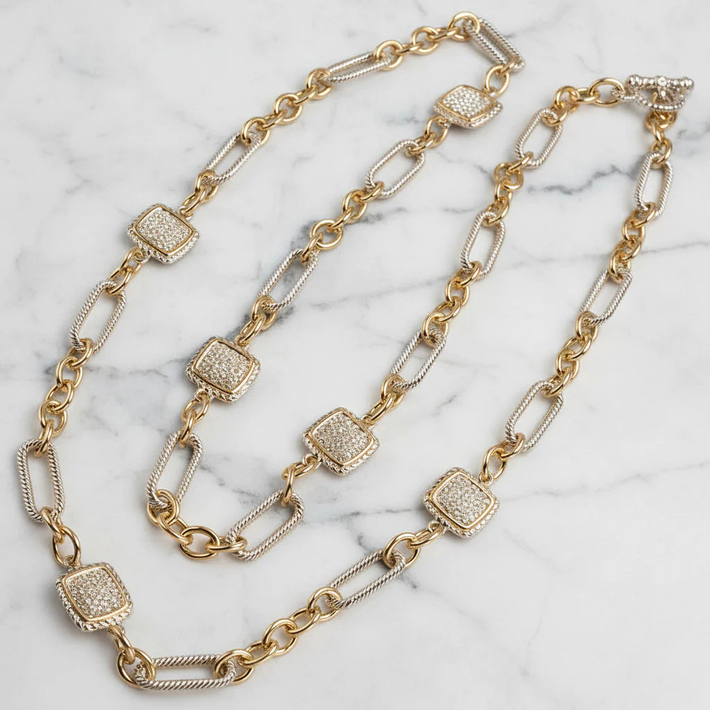 Two Tone Link Necklace With Pave Squares- 36 inch