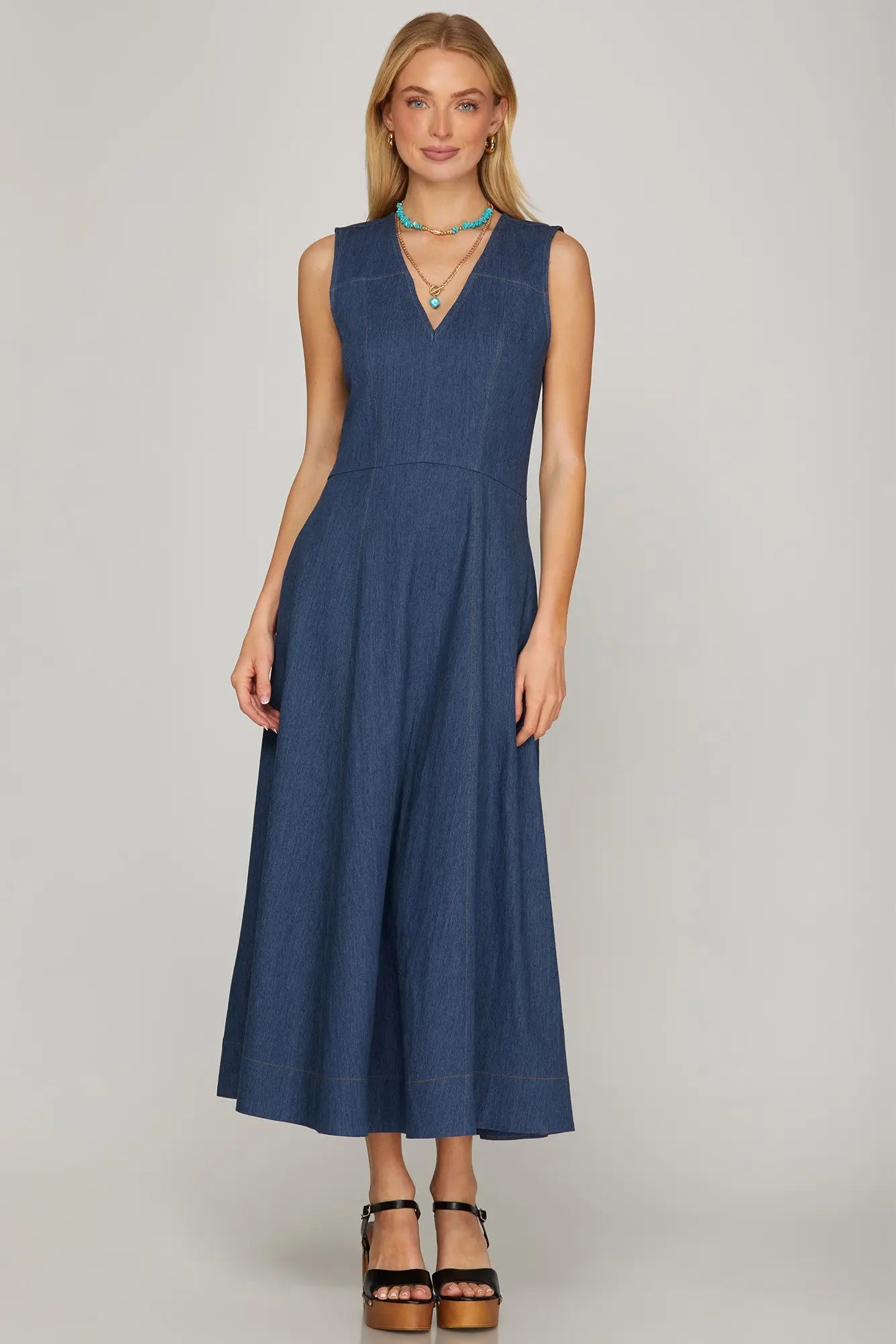 V Neck Denim Midi Dress