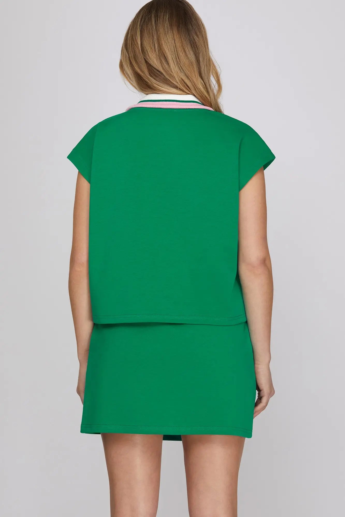 Half Zip Short Sleeve Skirt Set - Green