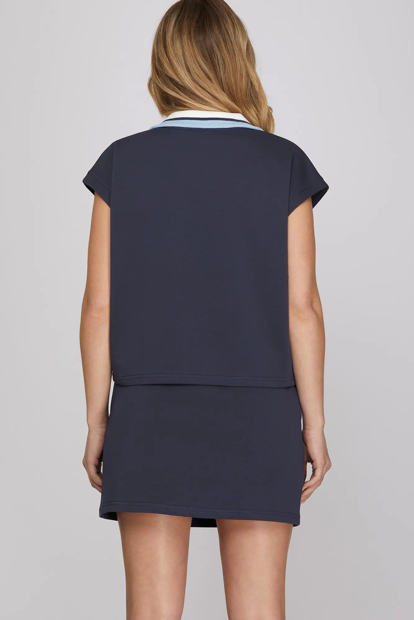 Half Zip Short Sleeve Skirt Set - Navy