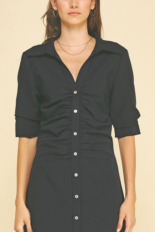 Navy Ruched Button Mini Dress