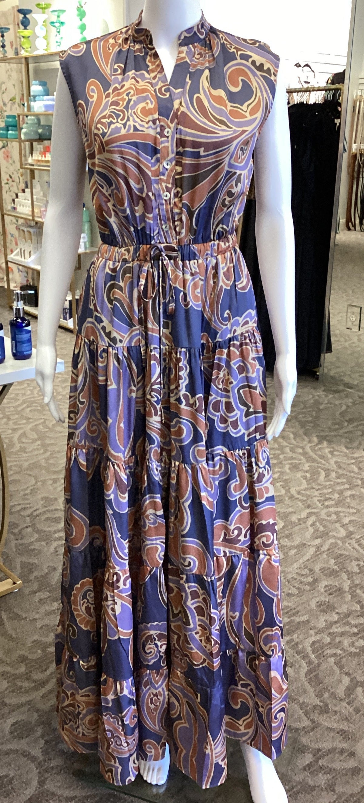 Navy Paisley Tiered Maxi Dress