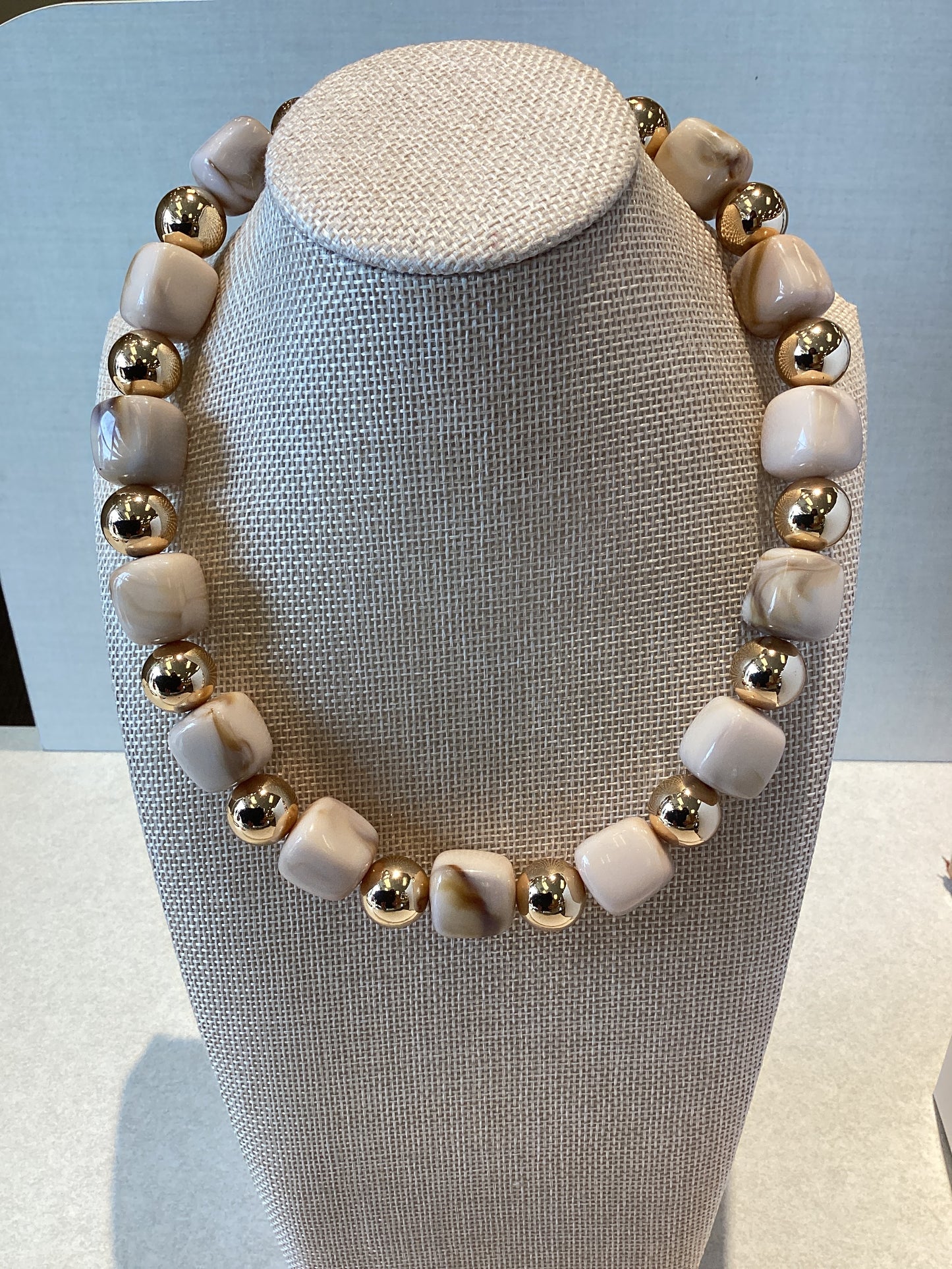 Acrylic Beaded Necklace in Neutral Marble Design with Gold Accent