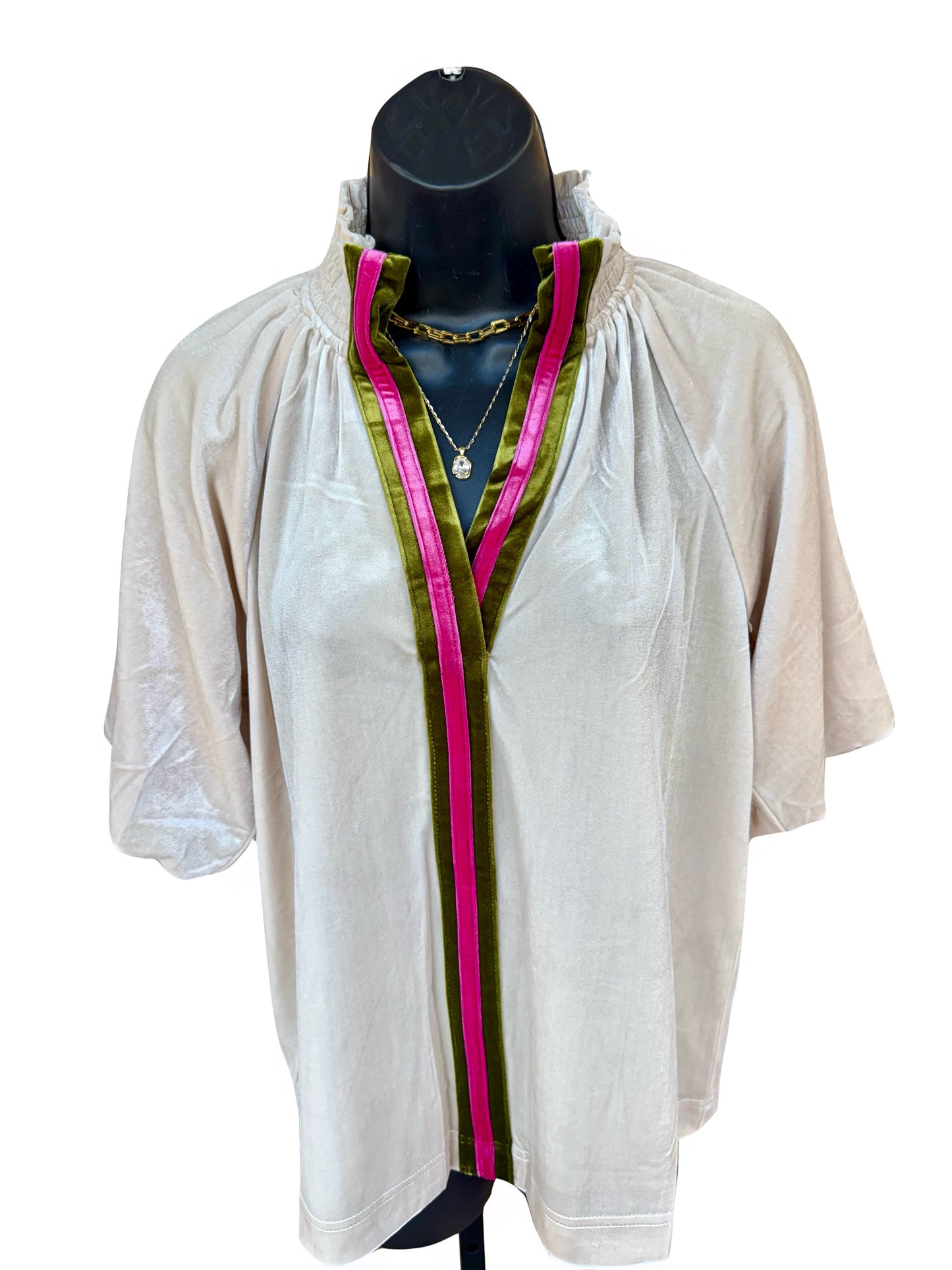 Ivory Puff Sleeve Top - Green/Pink Detail