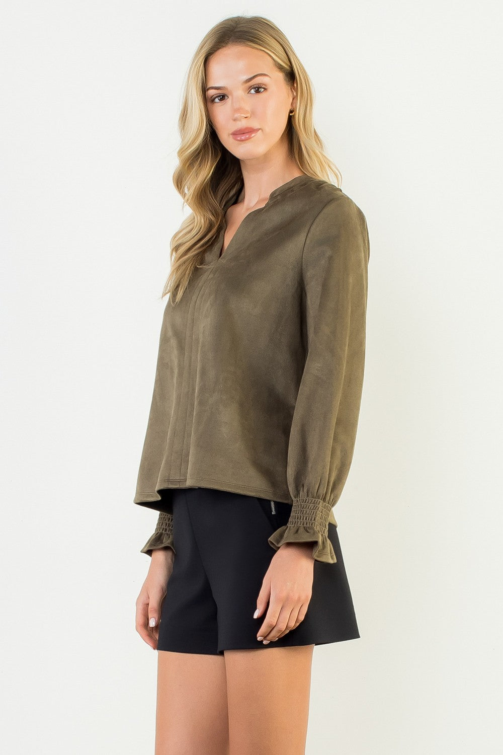 Classic V Neck Suede Top In Olive
