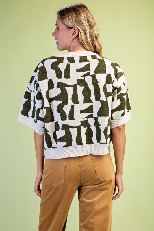Olive Geometric Knit Top