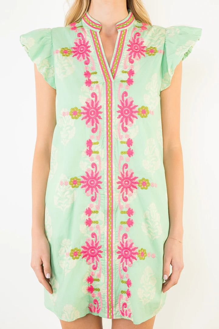 Sasha Flutter Sleeve Floral Embroidery Detail Dress