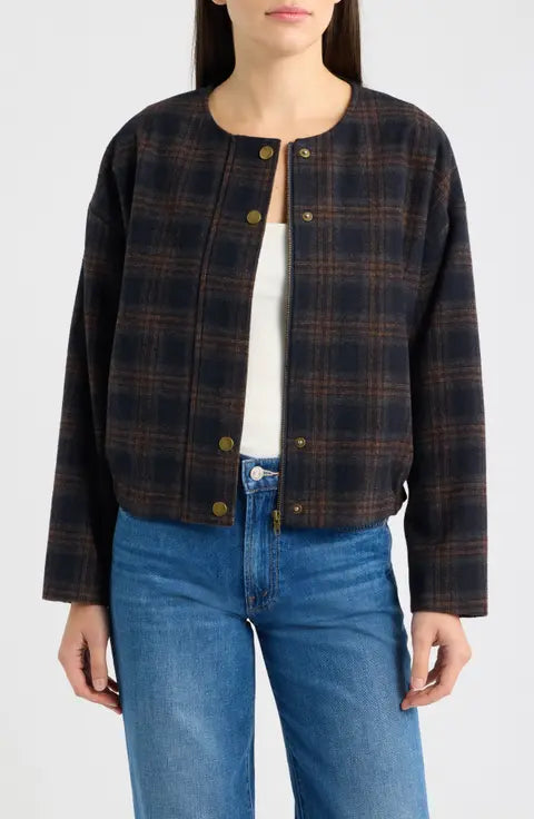 Navy Plaid Cropped Boxy Jacket
